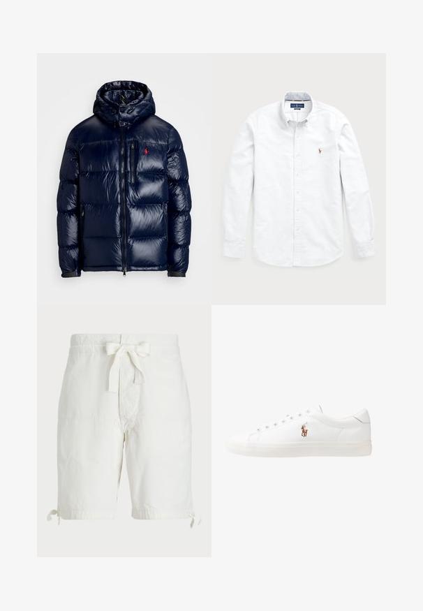 Navy blue puffer jacket with a shiny finish, featuring a hood, zippered front, and a small logo on the left chest. Textured quilted design.; White long-sleeve button-up shirt made of cotton. Features a spread collar, button closure, and a small embroidered logo on the chest.; White cotton shorts with a drawstring tie at the waist, rolled hem with ties, and flat front pockets. Smooth, lightweight fabric texture.; White leather sneakers, low-top design, featuring a smooth texture, round toe, laced front, and a small embroidered logo on the side.