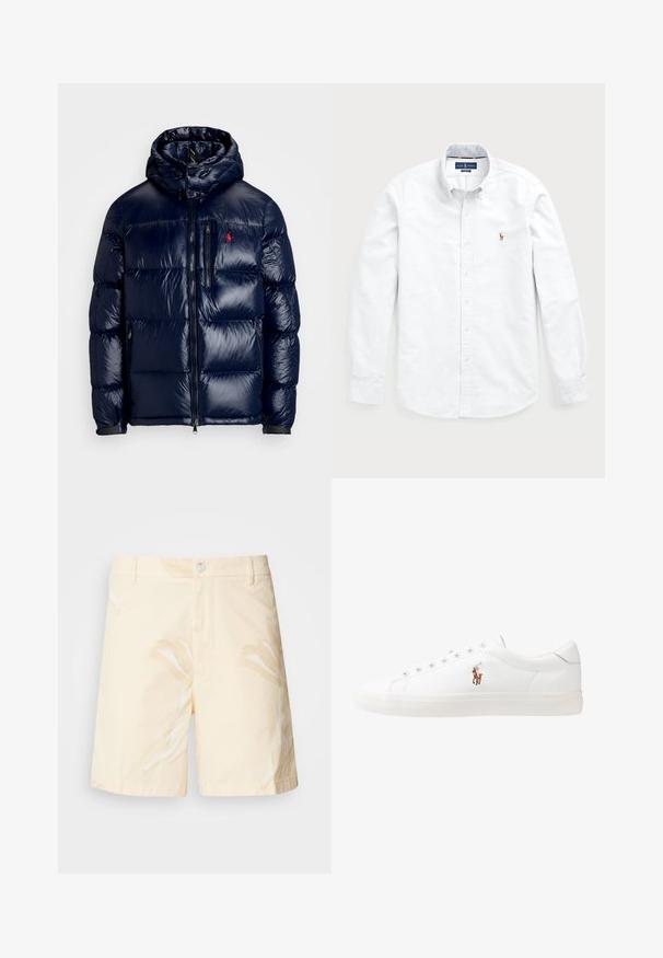 Giacca puffer blu navy con finitura lucida, dotata di cappuccio, chiusura frontale con zip e un piccolo logo sul lato sinistro del petto. Design trapuntato testurizzato.; Camicia bianca a maniche lunghe con bottoni, realizzata in cotone. Presenta un colletto alla francese, chiusura con bottoni e un piccolo logo ricamato sul petto.; Pantaloni corti di cotone di un giallo pallido con un motivo floreale. Presentano una chiusura con bottone, tasche frontali e un taglio dritto con bordi rifiniti.; Sneakers in pelle bianca, design low-top, caratterizzati da una texture liscia, punta rotonda, chiusura con lacci e un piccolo logo ricamato sul lato.