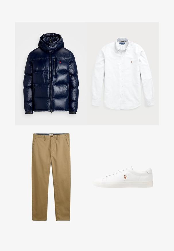 Navy blue puffer jacket with a shiny finish, featuring a hood, zippered front, and a small logo on the left chest. Textured quilted design.; White long-sleeve button-up shirt made of cotton. Features a spread collar, button closure, and a small embroidered logo on the chest.; Khaki cotton trousers with a straight fit, featuring side pockets, a button closure, and a textured fabric.; White leather sneakers, low-top design, featuring a smooth texture, round toe, laced front, and a small embroidered logo on the side.