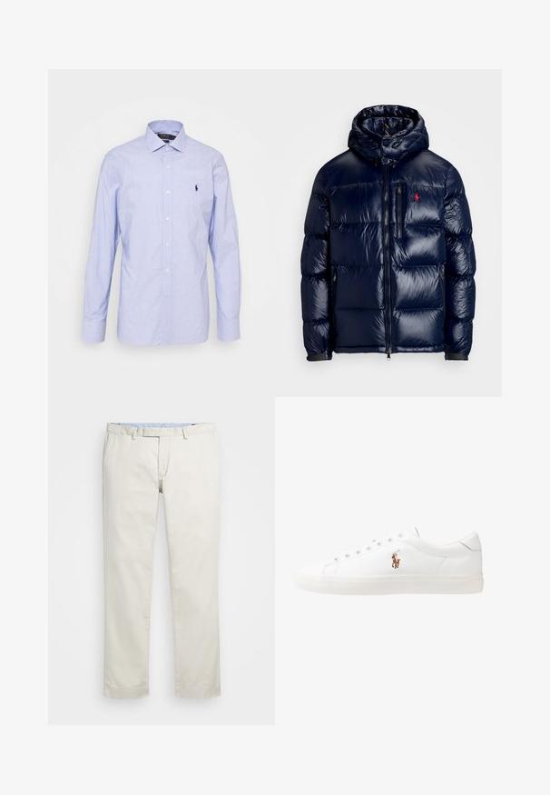Tamsiai mėlynas pūkinis švarkas su blizgiu paviršiumi, turintis gobtuvą, užtrauktuką priekyje ir mažą logotipą ant kairės krūtinės. Raštuota siuvinėta konstrukcija.; Šviesiai mėlynas, ilgarankovis mygtukinis marškinis iš minkštos medžiagos. Turi klasikinį apykaklę, priekinį užtrauktuką ir mažą siuvinėtą logotipą ant krūtinės.; Šviesiai rudi medvilniniai chinos tipo kelnės su plokščiu priekiniu dizainu, diržo kilpomis ir šoninėmis kišenėmis. Tiesaus kirpimo dizainas su lygiu paviršiumi ir lengvu, kvėpuojančiu jausmu.; Baltos odinės sportbačiai, žemo profilio, su lygia tekstūra, apvalia nosimi, raištelių sistema priekyje ir mažyte siuvinėta logo šone.
