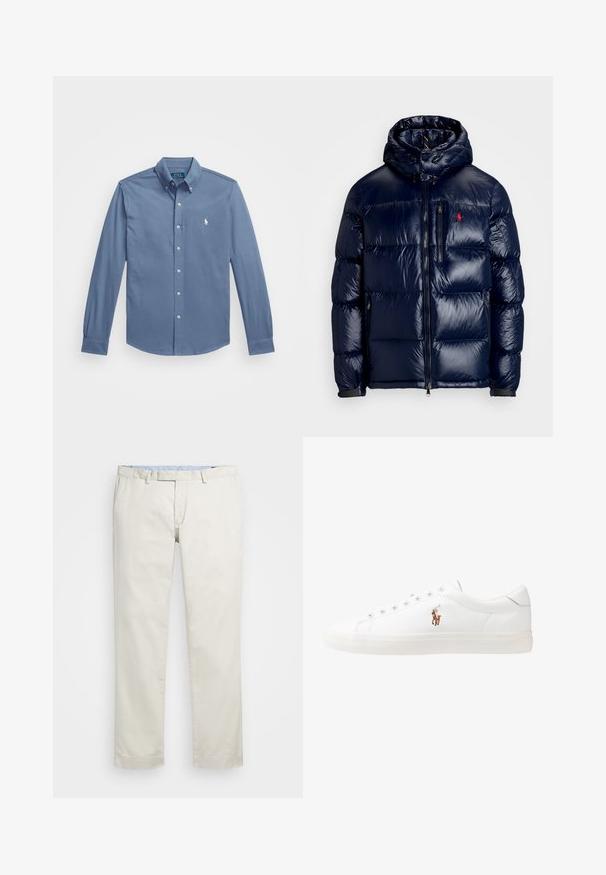 Casaco puffer azul-marinho com um acabamento brilhante, apresentando um capuz, fecho frontal com zíper e um pequeno logotipo no lado esquerdo do peito. Design acolchoado texturizado.; Camisa de botão em azul claro, material de algodão, mangas longas com punhos botões, gola clássica e logo bordado no peito.; Chinos de algodão bege com frente plana, passantes para cinto e bolsos laterais. Design de perna reta com uma textura suave e uma sensação leve e respirável.; Sapatilhas de couro brancas, design de cano baixo, com textura suave, biqueira redonda, atacadores à frente e um pequeno logótipo bordado na lateral.