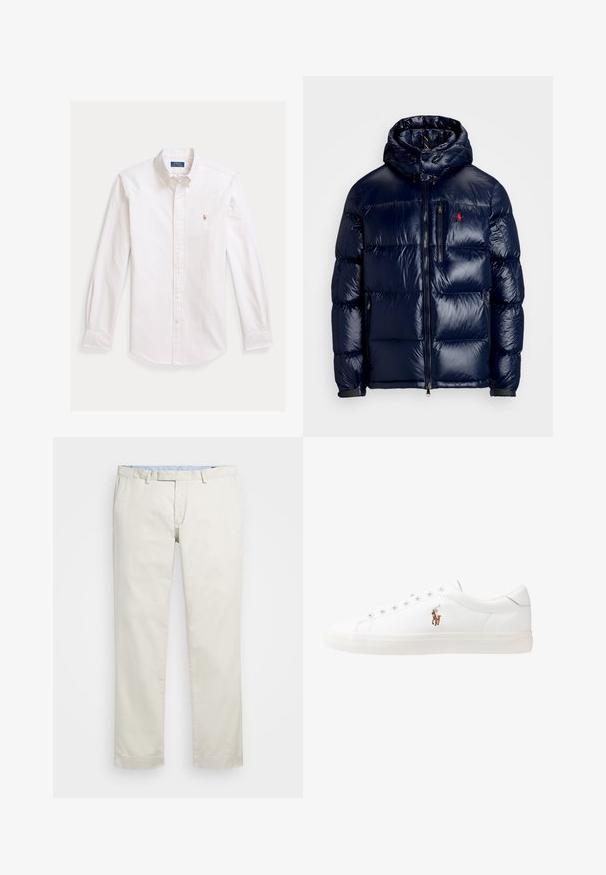 Navy blue puffer jacket with a shiny finish, featuring a hood, zippered front, and a small logo on the left chest. Textured quilted design.; White button-up shirt with light blue and beige vertical stripes. Features a pointed collar, long sleeves, and a small embroidered logo on the chest.; Beige cotton chinos with a flat front, belt loops, and side pockets. Straight-leg design with a smooth texture and a light, breathable feel.; White leather sneakers, low-top design, featuring a smooth texture, round toe, laced front, and a small embroidered logo on the side.