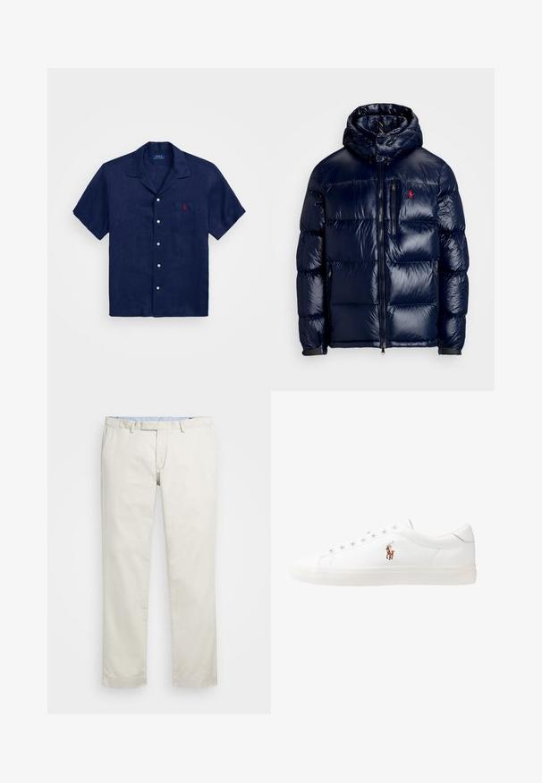 Navy blue puffer jacket with a shiny finish, featuring a hood, zippered front, and a small logo on the left chest. Textured quilted design.; Navy blue short-sleeve shirt made of linen with a button-up front, pointed collar, single chest pocket, and red logo on the pocket.; Beige cotton chinos with a flat front, belt loops, and side pockets. Straight-leg design with a smooth texture and a light, breathable feel.; White leather sneakers, low-top design, featuring a smooth texture, round toe, laced front, and a small embroidered logo on the side.