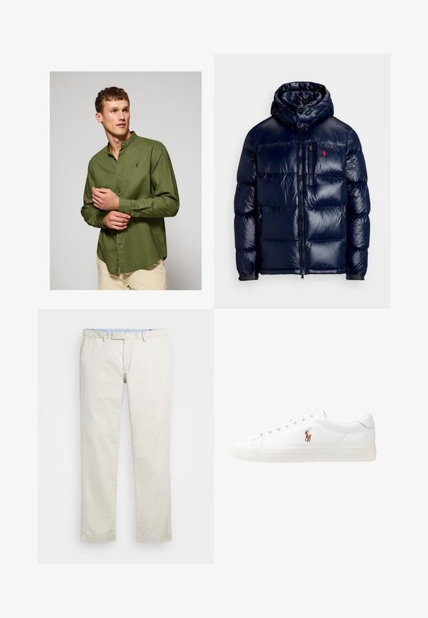 Marineblauwe gewatteerde jas met een glanzende afwerking, voorzien van een capuchon, een ritssluiting aan de voorzijde en een klein logo op de linkerborst. Gevoerde, gestructureerde quiltontwerp.; Groene langwerpige blouse met een button-down kraag, met een subtiele textuur en een klein logo op de borst. Gladde katoenen stof.; Beige katoenen chino's met een rechte pasvorm, riemlussen en zijzakken. Recht model met een gladde textuur en een lichte, ademende gevoel.; Witte leren sneakers, laag model, met een gladde textuur, ronde neus, vetersluiting aan de voorkant en een klein geborduurd logo aan de zijkant.