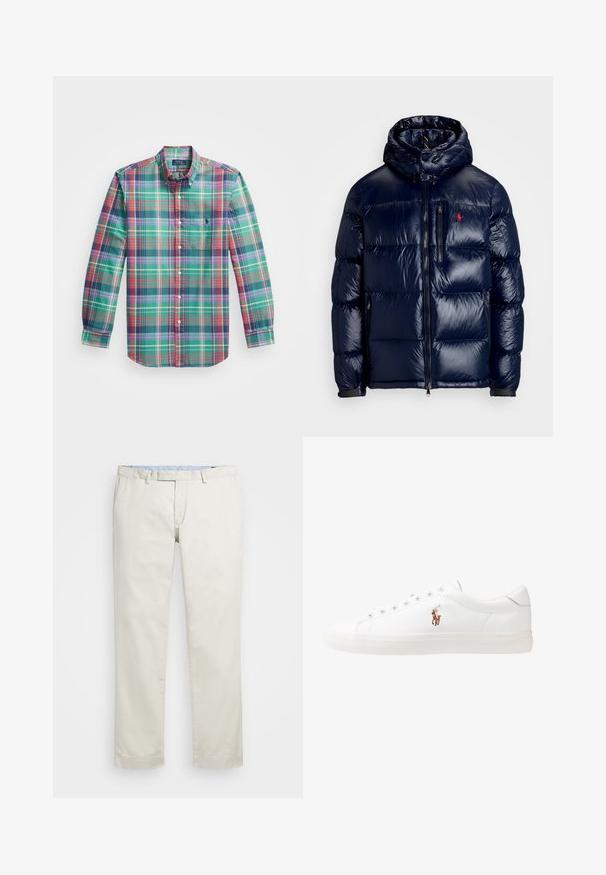 Námorně modrá péřová bunda s lesklým povrchem, s kapucí, zipovým zapínáním a malým logem na levé hrudi. Texturovaný prošívaný design.; Košile s dlouhým rukávem a knoflíky, s kostkovaným vzorem v zelené, červené, fialové a bílé barvě, s náprsní kapsou na bílém pozadí.; Béžové bavlněné chinos kalhoty s plochým předním dílem, poutky na opasek a bočními kapsami. Rovný střih s hladkou texturou a lehkým, prodyšným pocitem.; Bílé kožené tenisky, nízký střih, s hladkým povrchem, kulatou špičkou, šněrováním v přední části a malým vyšitým logem na boku.