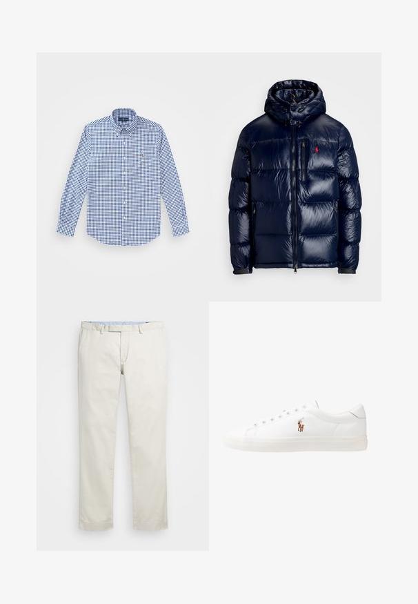 Námornícka modrá prešívaná bunda s lesklým povrchom, s kapucňou, zipsom vpredu a malým logom na ľavej hrudi. Textúrovaný prešívaný dizajn.; Dlhá modro-biela kockovaná košeľa s golierom na gombíky a malým vyšitým logom na hrudi. Bavlnený materiál.; Béžové bavlnené chinos nohavice s plochým predným dielom, pútka na opasok a bočnými vreckami. Rovný strih s hladkou textúrou a ľahkým, priedušným pocitom.; Biele kožené tenisky s nízkym strihom, s hladkou textúrou, okrúlym špičkou, šnurovaním vpredu a malým vyšitým logom na boku.