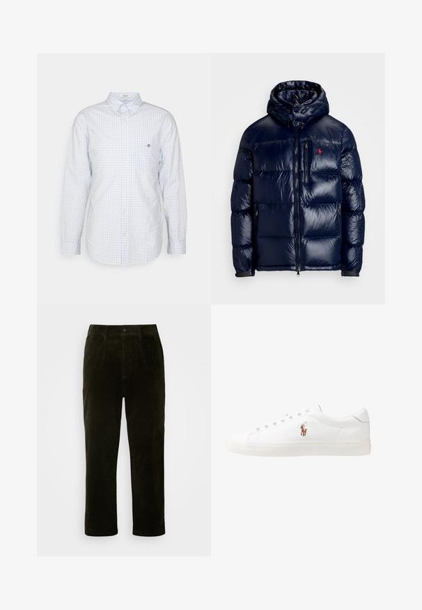 Marineblauwe gewatteerde jas met een glanzende afwerking, voorzien van een capuchon, een ritssluiting aan de voorzijde en een klein logo op de linkerborst. Gevoerde, gestructureerde quiltontwerp.; Lichtblauw geruit overhemd met knopen, lange mouwen, kraag en klein logo op de borst. Gemaakt van katoen, met een gladde textuur.; Donkergroene corduroy broek met een rechte snit, uitgerust met zijzakken, een knoopsluiting en een gestructureerde stof.; Witte leren sneakers, laag model, met een gladde textuur, ronde neus, vetersluiting aan de voorkant en een klein geborduurd logo aan de zijkant.
