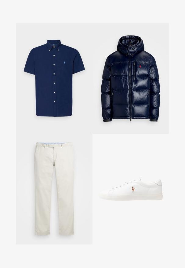 Casaco puffer azul-marinho com um acabamento brilhante, apresentando um capuz, fecho frontal com zíper e um pequeno logotipo no lado esquerdo do peito. Design acolchoado texturizado.; Camisa de botão azul-marinho de mangas curtas com colarinho pontudo e um pequeno logótipo de polo azul-claro. Apresenta botões brancos e um tecido liso e texturizado.; Chinos de algodão bege com frente plana, passantes para cinto e bolsos laterais. Design de perna reta com uma textura suave e uma sensação leve e respirável.; Sapatilhas de couro brancas, design de cano baixo, com textura suave, biqueira redonda, atacadores à frente e um pequeno logótipo bordado na lateral.
