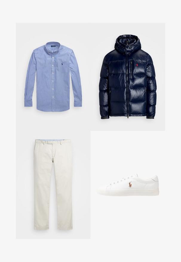 Marineblauwe gewatteerde jas met een glanzende afwerking, voorzien van een capuchon, een ritssluiting aan de voorzijde en een klein logo op de linkerborst. Gevoerde, gestructureerde quiltontwerp.; Gestreepte blauw-witte blouse met lange mouwen en rechte kraag, voorzien van een klein logo en knoopsluiting. Katoenen stof, gladde textuur.; Beige katoenen chino's met een rechte pasvorm, riemlussen en zijzakken. Recht model met een gladde textuur en een lichte, ademende gevoel.; Witte leren sneakers, laag model, met een gladde textuur, ronde neus, vetersluiting aan de voorkant en een klein geborduurd logo aan de zijkant.