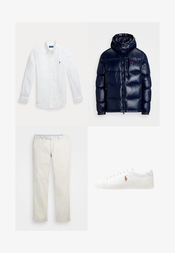 Casaco puffer azul-marinho com um acabamento brilhante, apresentando um capuz, fecho frontal com zíper e um pequeno logotipo no lado esquerdo do peito. Design acolchoado texturizado.; Camisa de botão de manga longa em linho branco com colarinho pontudo e um logótipo azul bordado no lado esquerdo do peito. Apresenta punhos com botão.; Chinos de algodão bege com frente plana, passantes para cinto e bolsos laterais. Design de perna reta com uma textura suave e uma sensação leve e respirável.; Sapatilhas de couro brancas, design de cano baixo, com textura suave, biqueira redonda, atacadores à frente e um pequeno logótipo bordado na lateral.