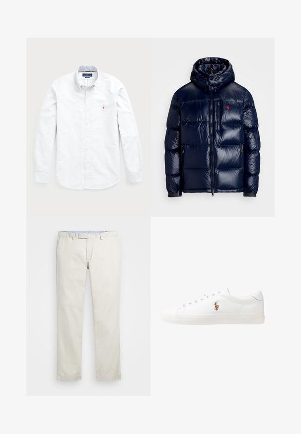 Casaco puffer azul-marinho com um acabamento brilhante, apresentando um capuz, fecho frontal com zíper e um pequeno logotipo no lado esquerdo do peito. Design acolchoado texturizado.; Camisa branca de mangas longas com botões, feita de algodão. Apresenta um colarinho amplo, fecho de botão e um pequeno logótipo bordado no peito.; Chinos de algodão bege com frente plana, passantes para cinto e bolsos laterais. Design de perna reta com uma textura suave e uma sensação leve e respirável.; Sapatilhas de couro brancas, design de cano baixo, com textura suave, biqueira redonda, atacadores à frente e um pequeno logótipo bordado na lateral.