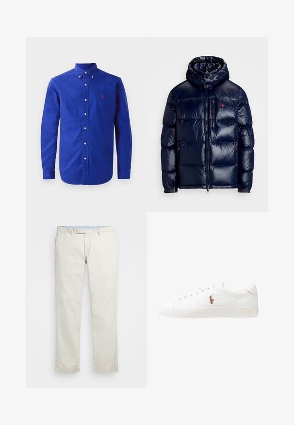 Casaco puffer azul-marinho com um acabamento brilhante, apresentando um capuz, fecho frontal com zíper e um pequeno logotipo no lado esquerdo do peito. Design acolchoado texturizado.; Camisa azul de manga longa feita de algodão, com colarinho abotoado, botões frontais e um pequeno logótipo vermelho no peito.; Chinos de algodão bege com frente plana, passantes para cinto e bolsos laterais. Design de perna reta com uma textura suave e uma sensação leve e respirável.; Sapatilhas de couro brancas, design de cano baixo, com textura suave, biqueira redonda, atacadores à frente e um pequeno logótipo bordado na lateral.