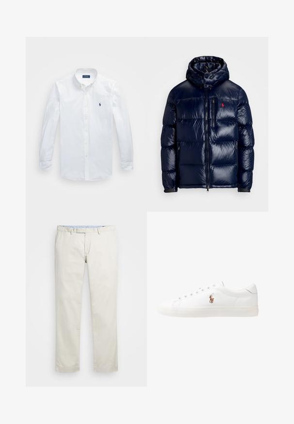Tamsiai mėlynas pūkinis švarkas su blizgiu paviršiumi, turintis gobtuvą, užtrauktuką priekyje ir mažą logotipą ant kairės krūtinės. Raštuota siuvinėta konstrukcija.; Balta ilgomis rankovėmis mygtukų marškiniai, pagaminti iš medvilnės, su klasikine apykakle ir mažu mėlynu logotipu kairėje krūtinės pusėje.; Šviesiai rudi medvilniniai chinos tipo kelnės su plokščiu priekiniu dizainu, diržo kilpomis ir šoninėmis kišenėmis. Tiesaus kirpimo dizainas su lygiu paviršiumi ir lengvu, kvėpuojančiu jausmu.; Baltos odinės sportbačiai, žemo profilio, su lygia tekstūra, apvalia nosimi, raištelių sistema priekyje ir mažyte siuvinėta logo šone.