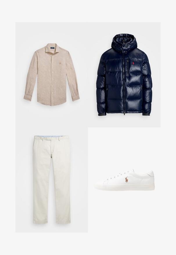 Casaco puffer azul-marinho com um acabamento brilhante, apresentando um capuz, fecho frontal com zíper e um pequeno logotipo no lado esquerdo do peito. Design acolchoado texturizado.; Camisa de botão de manga longa beije claro com um padrão xadrez subtil, gola e um pequeno logo no peito, em um corte clássico.; Chinos de algodão bege com frente plana, passantes para cinto e bolsos laterais. Design de perna reta com uma textura suave e uma sensação leve e respirável.; Sapatilhas de couro brancas, design de cano baixo, com textura suave, biqueira redonda, atacadores à frente e um pequeno logótipo bordado na lateral.