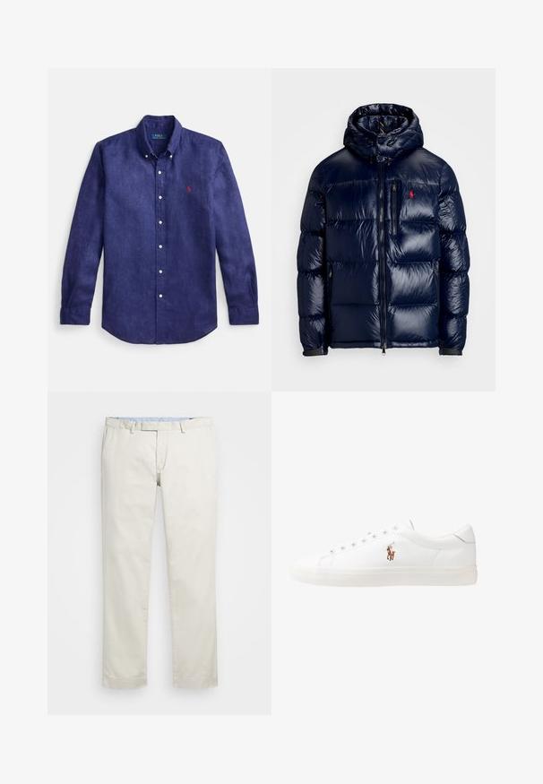 Navykék puffertakaró kabát fényes felülettel, kapucnival, cipzáros elülső résszel és egy kis logóval a bal mellen. Texturált steppelt mintázat.; Tengerészkék hosszú ujjú vászon ing gombos gallérral, elülső takarófedéllel és a bal mellrészen kis piros hímzett logóval.; Beige pamut chinin, lapos elülső résszel, övhurkokkal és oldalsó zsebekkel. Egyenes lábú kialakítás, sima textúrával és könnyű, lélegző érzettel.; Fehér bőr sportcipők, alacsony fazonban, sima textúrával, kerek orral, fűzős előlappal és egy kis hímezett logóval az oldalon.