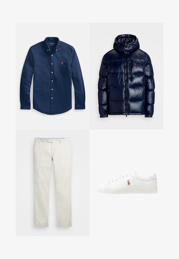 Mörkblå puffjacka med en skinande yta, utrustad med huva, dragkedja fram och en liten logotyp på vänster bröst. Texturerad kviltad design.; Mörkblå bomullsskjorta med knappar framtill, utrustad med en spetsig krage, långa ärmar och en liten röd broderad logga på bröstet.; Beige bomullskinos med rak framdel, bältesöglor och sidofickor. Rakt ben med en slät textur och en lätt, andningsbar känsla.; Vita lädersneakers, låg design, med en slät yta, rund tå, snörning fram och en liten broderad logotyp på sidan.