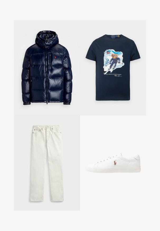 Námorně modrá péřová bunda s lesklým povrchem, s kapucí, zipovým zapínáním a malým logem na levé hrudi. Texturovaný prošívaný design.; Tmavě modré bavlněné tričko s motivem medvěda na lyžích v lyžařském vybavení, s helikoptérou v pozadí a názvem značky níže.; Bílé džínové kalhoty se rovnými nohavicemi, které mají pět kapes, kovové knoflíky a švy s vyšíváním. Hladká textura.; Bílé kožené tenisky, nízký střih, s hladkým povrchem, kulatou špičkou, šněrováním v přední části a malým vyšitým logem na boku.