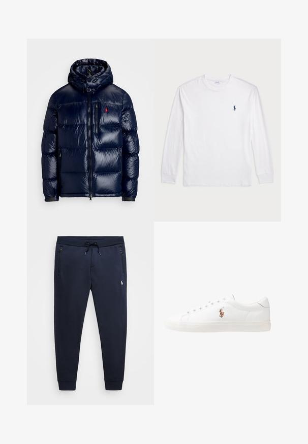 Tumši zils pūkainais jaka ar spīdīgu apdari, ar kapuci, ar rāvējslēdzēja priekšpusi un mazu logo kreisajā krūtī. Tekstūrēta izšūšanas dizains.; Baltas garām piedurknēm T-krekls, izgatavots no kokvilnas. Tam ir apaļa kakla izgriezne, ribotas piedurknes un neliels tumši zilas polo logo kreisajā krūtī.; Jūras spēku jogger bikses, kas izgatavotas no mīksta kokvilnas maisījuma, ar regulējamu jostasvietu, kabatām ar rāvējslēdzējiem un mazu logotipu uz kreisās augšstilba.; Baltas ādas sporta apavi, zema dizaina, ar gludu tekstūru, noapaļotu purngalu, ar auklēm priekšpusē un nelielu izšūtu logotipu sānos.