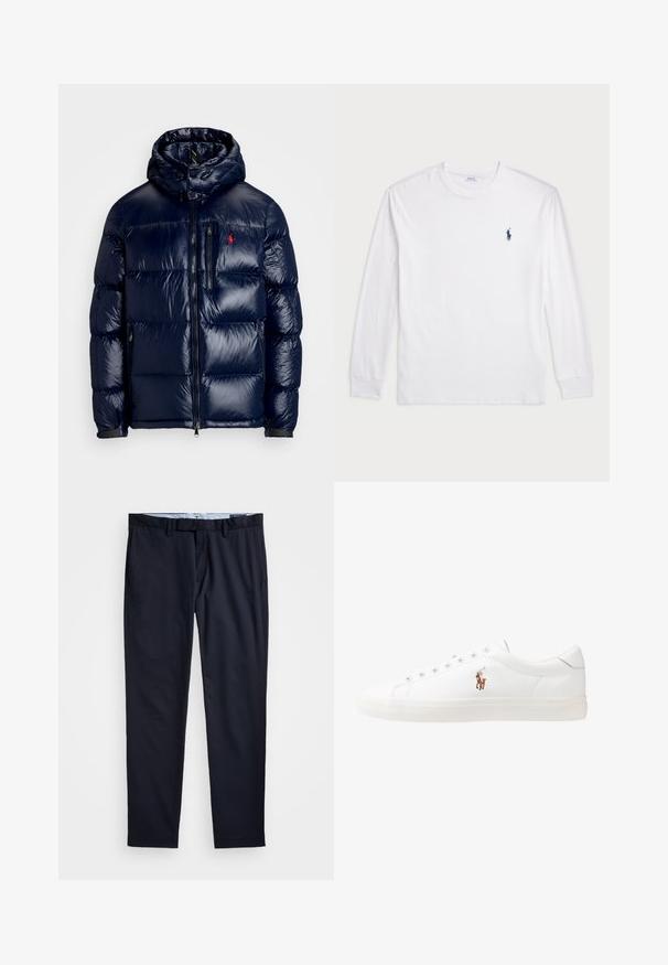 Tumši zils pūkainais jaka ar spīdīgu apdari, ar kapuci, ar rāvējslēdzēja priekšpusi un mazu logo kreisajā krūtī. Tekstūrēta izšūšanas dizains.; Baltas garām piedurknēm T-krekls, izgatavots no kokvilnas. Tam ir apaļa kakla izgriezne, ribotas piedurknes un neliels tumši zilas polo logo kreisajā krūtī.; Tumši zilo bikses, kas izgatavotas no gludas auduma, ar taisna piegriezuma dizainu, jostu cilpām un rāvējslēdzēju ar pogu aizdari.; Baltas ādas sporta apavi, zema dizaina, ar gludu tekstūru, noapaļotu purngalu, ar auklēm priekšpusē un nelielu izšūtu logotipu sānos.