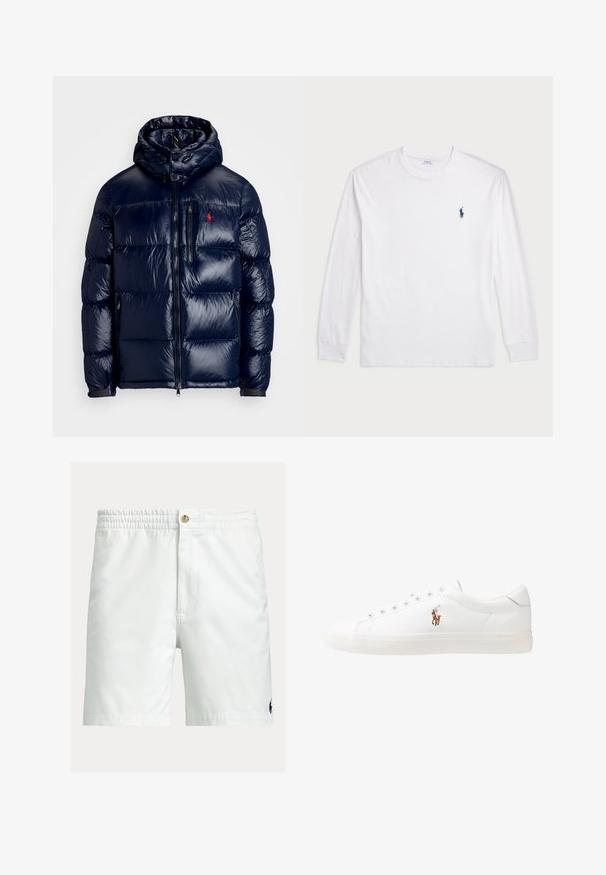 Jachetă puffer de culoare albastru închis, cu un finisaj lucios, având o glugă, fermoar frontal și un logo mic pe partea stângă a pieptului. Design texturat matlasat.; Tricou alb cu mânecă lungă, din bumbac. Are un decolteu rotund, mansete ribbate și un mic logo polo bleu închis pe pieptul stâng.; Șort de baie alb cu talie elastică, închidere cu nasture și un mic logo bleumarin. Confecționat dintr-un material ușor și fin.; Adidași din piele albă, design de tip low-top, cu o textură netedă, vârf rotund, față șiretată și un mic logo brodat pe lateral.