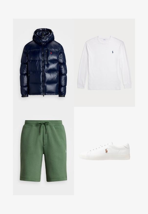 Tummansininen puhvitakki, jossa on kiiltävä pinta, hupullinen malli, vetoketjullinen etuosa ja pieni logo vasemmassa rinnassa. Teksturoitu quiltattu muotoilu.; Valkoinen pitkähihainen T-paita, joka on valmistettu puuvillasta. Ominaisuuksiin kuuluu pyöreä kaula-aukko, ribbireunat ja pieni tummansininen polo-logo vasemmassa rinnassa.; Vihreät puuvillashortsit, joissa on joustava vyötärö, nyörisuljenta ja sivutaskut. Hankkeessa on pieni logo vasemmassa lahkeessa.; Valkoiset nahkakengät, matala malli, jossa on sileä pinta, pyöreä kärki, nauhakiinnitys edessä ja pieni brodeerattu logo sivulla.