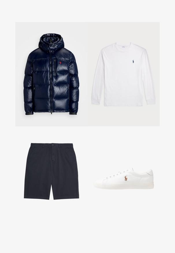 Temno modra puhovka s sijočo površino, opremljena s kapuco, z zadrgo spredaj in majhnim logotipom na levem prsnem delu. Ima strukturirano prešito zasnovo.; Bela dolga majica s dolgimi rokavi iz bombaža. Ima okroglo ovratnico, rebraste manšete in majhen temno moder polo logo na levem prsnem delu.; Moške priložnostne kratke hlače temno modre barve z gumbno zaporo, zankami za pas in stranskimi žepki, položene na ravno belo podlago.; Bela usnjena teniski čevlji, nizki model, z gladko teksturo, okrogle konice, vezavi spredaj ter majhnim vezenim logotipom na strani.