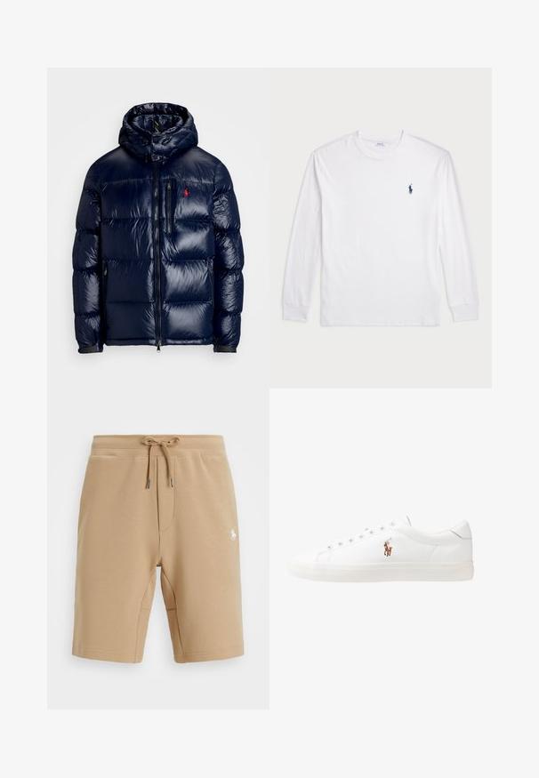 Temno modra puhovka s sijočo površino, opremljena s kapuco, z zadrgo spredaj in majhnim logotipom na levem prsnem delu. Ima strukturirano prešito zasnovo.; Bela dolga majica s dolgimi rokavi iz bombaža. Ima okroglo ovratnico, rebraste manšete in majhen temno moder polo logo na levem prsnem delu.; Bež bombažne kratke hlače z elastičnim pasom in vrvico. Imajo stranske žepe in majhen bel logotip na levem stegnu.; Bela usnjena teniski čevlji, nizki model, z gladko teksturo, okrogle konice, vezavi spredaj ter majhnim vezenim logotipom na strani.