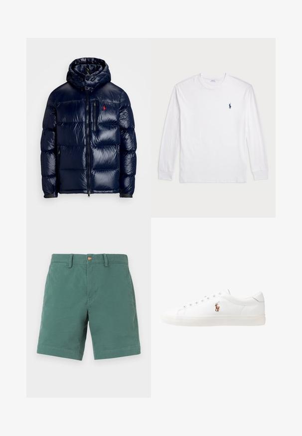 Navy blue puffer jacket with a shiny finish, featuring a hood, zippered front, and a small logo on the left chest. Textured quilted design.; White long-sleeve T-shirt made of cotton. Features a round neckline, ribbed cuffs, and a small navy blue polo logo on the left chest.; Green cotton shorts with a straight cut, featuring a button closure and belt loops. Smooth texture, knee-length, no patterns or accents.; White leather sneakers, low-top design, featuring a smooth texture, round toe, laced front, and a small embroidered logo on the side.