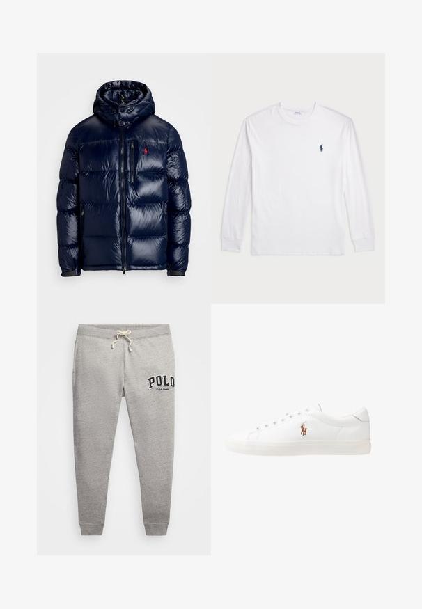 Tumši zils pūkainais jaka ar spīdīgu apdari, ar kapuci, ar rāvējslēdzēja priekšpusi un mazu logo kreisajā krūtī. Tekstūrēta izšūšanas dizains.; Baltas garām piedurknēm T-krekls, izgatavots no kokvilnas. Tam ir apaļa kakla izgriezne, ribotas piedurknes un neliels tumši zilas polo logo kreisajā krūtī.; Pelēkie sporta bikses ar auklu jostas vietā, ar elastīgām potītēm, sānu kabatām un "POLO Ralph Lauren" logo augšējā kreisajā augšstilbā.; Baltas ādas sporta apavi, zema dizaina, ar gludu tekstūru, noapaļotu purngalu, ar auklēm priekšpusē un nelielu izšūtu logotipu sānos.