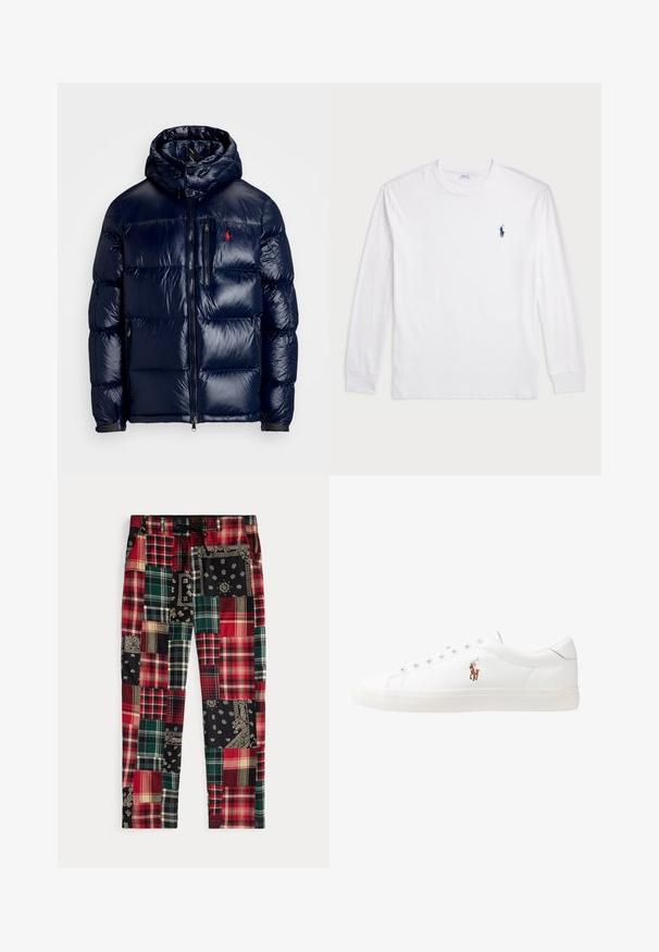 Tamno plava jakna s punjenjem i sjajnom završnom obradom, s kapuljačom, zatvaranjem na patentni zatvarač sprijeda i malim logotipom na lijevoj strani prsnog koša. Strukturno kviltani dizajn.; Bijela majica dugih rukava od pamuka. Ima okrugli izrez, rebraste manšete i mali logo u mornarskoplavoj boji na lijevoj strani grudi.; Hlače od zakrpa koje sadrže različite uzorke karo i cvjetnih motiva u crvenoj, zelenoj, crnoj i krem boji; podesivi pojas s vezicom.; Bijele kožne tenisice, niskog kroja, s glatkom teksturom, okruglim vrhom, vezanjem sprijeda i malim izvezenim logom sa strane.