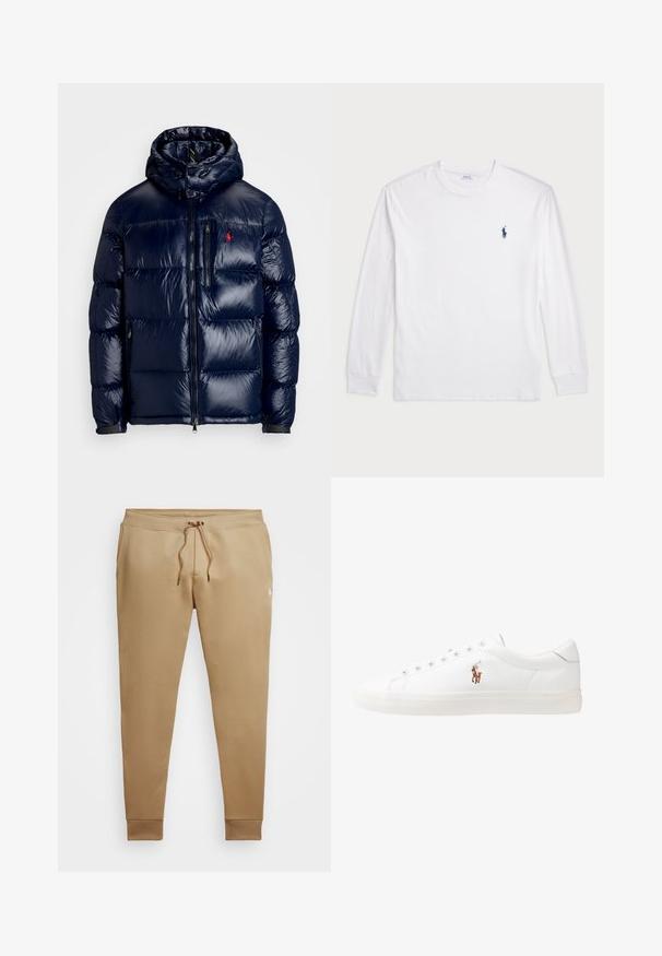 Tumši zils pūkainais jaka ar spīdīgu apdari, ar kapuci, ar rāvējslēdzēja priekšpusi un mazu logo kreisajā krūtī. Tekstūrēta izšūšanas dizains.; Baltas garām piedurknēm T-krekls, izgatavots no kokvilnas. Tam ir apaļa kakla izgriezne, ribotas piedurknes un neliels tumši zilas polo logo kreisajā krūtī.; Brauni sporta bikses, kas izgatavotas no mīksta auduma, ar aukliņu jostasvietā, ribu malām un nelielu logo zem kājas.; Baltas ādas sporta apavi, zema dizaina, ar gludu tekstūru, noapaļotu purngalu, ar auklēm priekšpusē un nelielu izšūtu logotipu sānos.