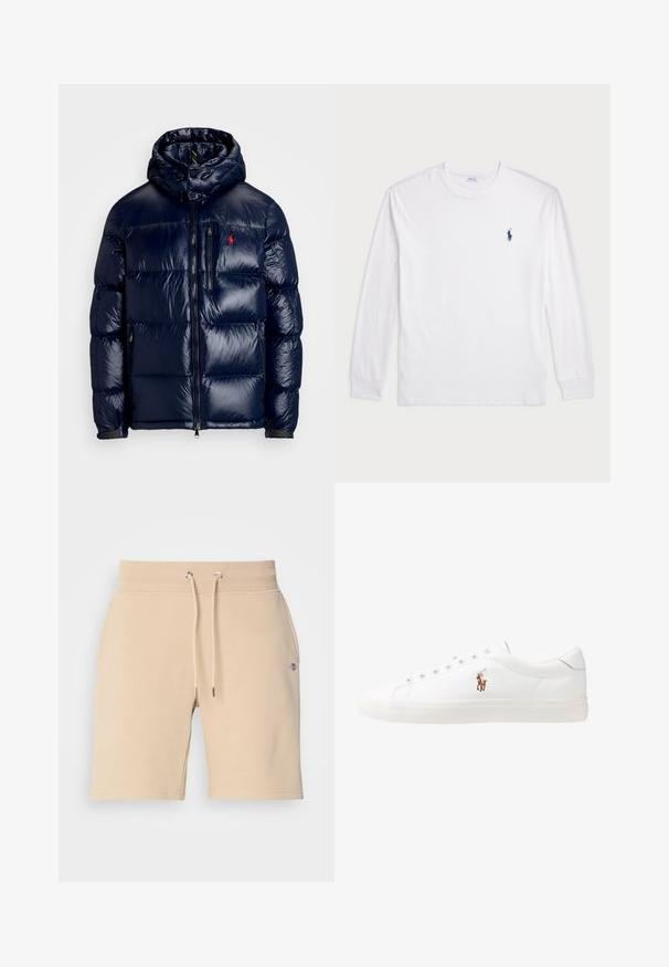 Tumesinine pahtli jakk, millel on läikiv viimistlus, kapuuts, lukuga esikülg ja väike logo vasakul rinnal. Tekstuuriga ääristatud õmblusdisain.; Valge pika varrukaga T-särk, millel on puuvillane kangas. Omab ümmargust kaelust, soonikuid mansette ja väikest tumesinist polo logo vasakul rinnaosas.; Beezid puuvillased lühikesed püksid elastse vöökohtaga, reguleeritava nööriga ja küljetaskutega. Vasakul reitel on väike logo.; Valged nahast tossud, madala ülaservaga disain, millel on sile tekstuur, ümar varvas, nööridega esiosa ja väike tikand logoga küljel.