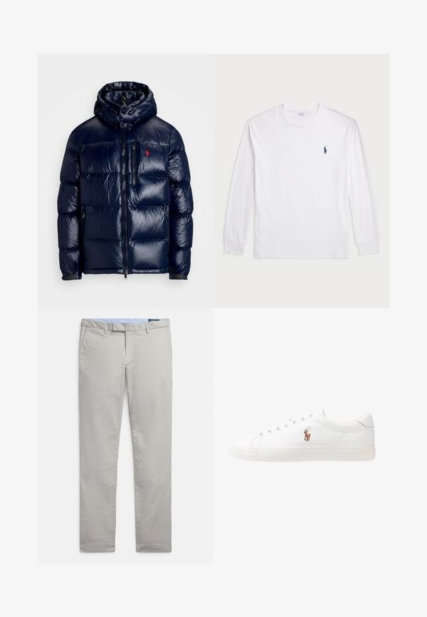 Námornícka modrá prešívaná bunda s lesklým povrchom, s kapucňou, zipsom vpredu a malým logom na ľavej hrudi. Textúrovaný prešívaný dizajn.; Biele tričko s dlhým rukávom vyrobené z bavlny. Má okrúhly výstrih, pružné manžety a malé námornícky modré logo polo na ľavej hrudi.; Svetlosivé chinos vyrobené z hladkej bavlnenej tkaniny s klasickým dizajnom, rovnými nohavicami, bočnými vreckami a čistým zakončením na lemoch.; Biele kožené tenisky s nízkym strihom, s hladkou textúrou, okrúlym špičkou, šnurovaním vpredu a malým vyšitým logom na boku.