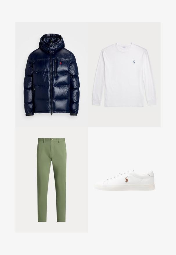 Casaco puffer azul-marinho com um acabamento brilhante, apresentando um capuz, fecho frontal com zíper e um pequeno logotipo no lado esquerdo do peito. Design acolchoado texturizado.; Camisola de manga longa branca feita de algodão. Apresenta um decote redondo, punhos canelados e um pequeno logótipo de polo azul-marinho no lado esquerdo do peito.; Calças verdes de algodão com corte slim, bolsos frontais, fecho de correr e botão de fecho. Textura lisa e design limpo e minimalista.; Sapatilhas de couro brancas, design de cano baixo, com textura suave, biqueira redonda, atacadores à frente e um pequeno logótipo bordado na lateral.