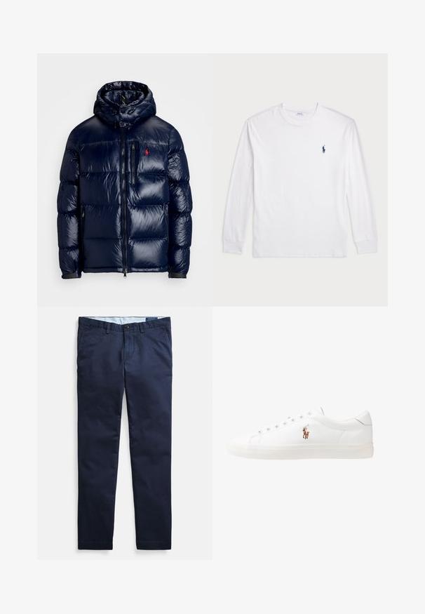 Temno modra puhovka s sijočo površino, opremljena s kapuco, z zadrgo spredaj in majhnim logotipom na levem prsnem delu. Ima strukturirano prešito zasnovo.; Bela dolga majica s dolgimi rokavi iz bombaža. Ima okroglo ovratnico, rebraste manšete in majhen temno moder polo logo na levem prsnem delu.; Temno modre chino hlače iz tkanine iz bombažnega mešanega materiala, z ravnim sprednjim delom, ravnimi hlačnicami in z enim gumbom na pasu.; Bela usnjena teniski čevlji, nizki model, z gladko teksturo, okrogle konice, vezavi spredaj ter majhnim vezenim logotipom na strani.