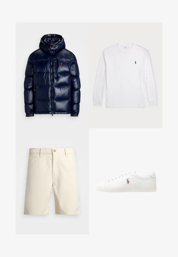 Temno modra puhovka s sijočo površino, opremljena s kapuco, z zadrgo spredaj in majhnim logotipom na levem prsnem delu. Ima strukturirano prešito zasnovo.; Bela dolga majica s dolgimi rokavi iz bombaža. Ima okroglo ovratnico, rebraste manšete in majhen temno moder polo logo na levem prsnem delu.; Bež kratke hlače iz lahkega materiala, z gumbom za zapiranje, zankami za pas in stranskimi žepi. Preprost dizajn s čistimi linijami.; Bela usnjena teniski čevlji, nizki model, z gladko teksturo, okrogle konice, vezavi spredaj ter majhnim vezenim logotipom na strani.