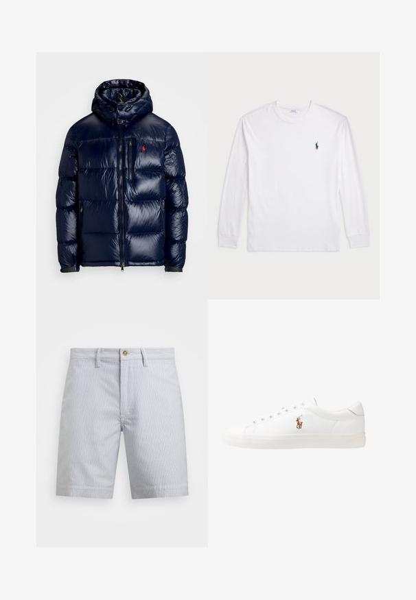 Marineblauwe gewatteerde jas met een glanzende afwerking, voorzien van een capuchon, een ritssluiting aan de voorzijde en een klein logo op de linkerborst. Gevoerde, gestructureerde quiltontwerp.; Witte lange mouwen T-shirt gemaakt van katoen. Heeft een ronde halslijn, ribbelmanchetten en een klein marineblauw polo-logo op de linkerkant van de borst.; Gestreepte shorts in lichtblauw en wit. Gemaakt van katoen, met een knoopsluiting, zijzakken en een rechte zoom.; Witte leren sneakers, laag model, met een gladde textuur, ronde neus, vetersluiting aan de voorkant en een klein geborduurd logo aan de zijkant.