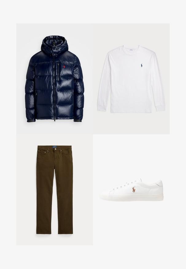 Tamsiai mėlynas pūkinis švarkas su blizgiu paviršiumi, turintis gobtuvą, užtrauktuką priekyje ir mažą logotipą ant kairės krūtinės. Raštuota siuvinėta konstrukcija.; Balta ilgomis rankovėmis marškinėliai iš medvilnės. Gali būti apvalios formos kaklas, raukšlės ant rankovių, ir nedidelis tamsiai mėlynas polo logotipas kairėje krūtinės pusėje.; Rudos medvilninės džinsinės kelnės su tiesiais kojų siūlėmis, su užtrauktuku priekyje, dviem priekinėmis kišenėmis ir prekės ženklo juostos etikete.; Baltos odinės sportbačiai, žemo profilio, su lygia tekstūra, apvalia nosimi, raištelių sistema priekyje ir mažyte siuvinėta logo šone.