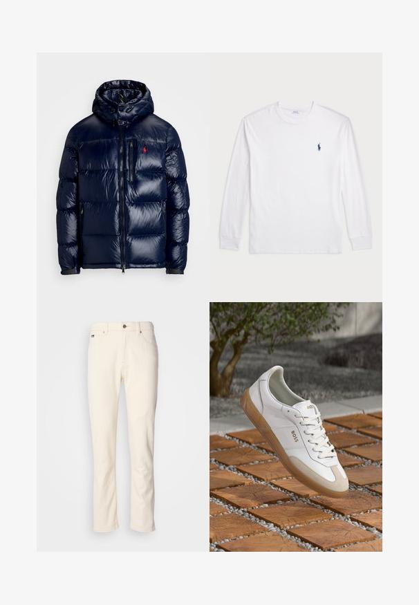 Temno modra puhovka s sijočo površino, opremljena s kapuco, z zadrgo spredaj in majhnim logotipom na levem prsnem delu. Ima strukturirano prešito zasnovo.; Bela dolga majica s dolgimi rokavi iz bombaža. Ima okroglo ovratnico, rebraste manšete in majhen temno moder polo logo na levem prsnem delu.; Off-white kavne hlače s ravnimi nogavicami, z gumbom, z zankami za pas in sprednjimi žepi na enobarvni podlagi.; Bela usnjena tenisačka obutev z bež semišnimi dodatki, zaokroženim nosom, vezanjem na sprednji strani in rjavim gumijastim podplatom, na katerem je prikazano ime blagovne znamke "BOSS."