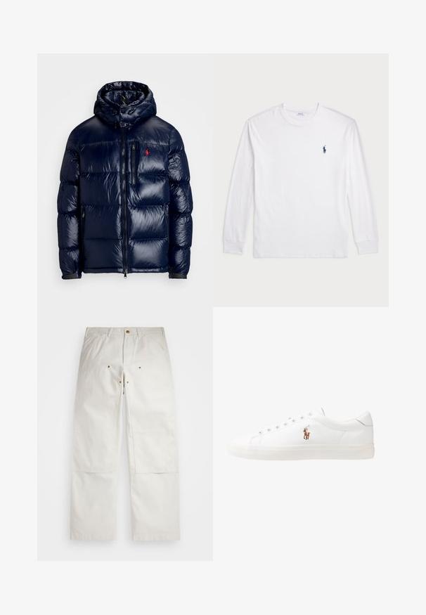 Tumši zils pūkainais jaka ar spīdīgu apdari, ar kapuci, ar rāvējslēdzēja priekšpusi un mazu logo kreisajā krūtī. Tekstūrēta izšūšanas dizains.; Baltas garām piedurknēm T-krekls, izgatavots no kokvilnas. Tam ir apaļa kakla izgriezne, ribotas piedurknes un neliels tumši zilas polo logo kreisajā krūtī.; Baltas kokvilnas bikses ar brīvu piegriezumu, ar priekšējiem kabatām, zelta detaļām un ceļgala ieliktņiem.; Baltas ādas sporta apavi, zema dizaina, ar gludu tekstūru, noapaļotu purngalu, ar auklēm priekšpusē un nelielu izšūtu logotipu sānos.