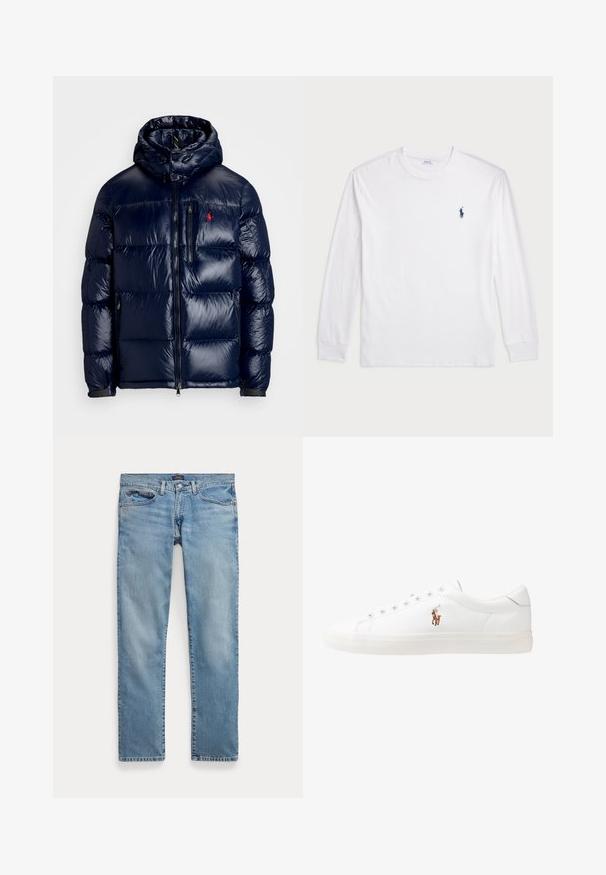 Casaco puffer azul-marinho com um acabamento brilhante, apresentando um capuz, fecho frontal com zíper e um pequeno logotipo no lado esquerdo do peito. Design acolchoado texturizado.; Camisola de manga longa branca feita de algodão. Apresenta um decote redondo, punhos canelados e um pequeno logótipo de polo azul-marinho no lado esquerdo do peito.; Jeans de denim azul claro com corte reto, apresentando um fecho com botão, cinco bolsos e um desgaste sutil para textura.; Sapatilhas de couro brancas, design de cano baixo, com textura suave, biqueira redonda, atacadores à frente e um pequeno logótipo bordado na lateral.