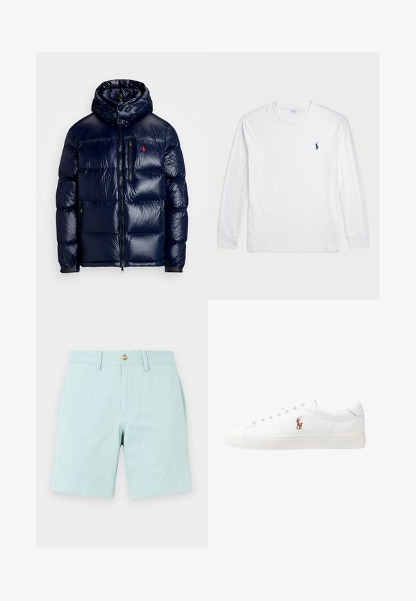 Navy blue puffer jacket with a shiny finish, featuring a hood, zippered front, and a small logo on the left chest. Textured quilted design.; White long-sleeve T-shirt made of cotton. Features a round neckline, ribbed cuffs, and a small navy blue polo logo on the left chest.; Light blue shorts made of cotton with a flat front, belt loops, a single button closure, and side pockets.; White leather sneakers, low-top design, featuring a smooth texture, round toe, laced front, and a small embroidered logo on the side.