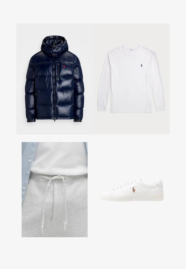 Marineblaue Steppjacke mit glänzender Oberfläche, ausgestattet mit Kapuze, Reißverschluss vorne und kleinem Logo auf der linken Brust. Strukturierter Steppdesign.; Weißes Langarm-T-Shirt aus Baumwolle. Mit Rundhalsausschnitt, gerippten Bündchen und kleinem, dunkelblauem Polo-Logo auf der linken Brust.; Hellgraue Jogginghose mit weichem Material, ausgestattet mit einem weißen Kordelzug und einem gerippten Taillenbund. Oberhalb ein blau gestreiftes Hemd mit Knöpfen.; Weiße Leder-Sneaker, niedrig geschnitten, mit glatter Textur, runder Zehenpartie, Schnür vorne und kleinem gesticktem Logo an der Seite.