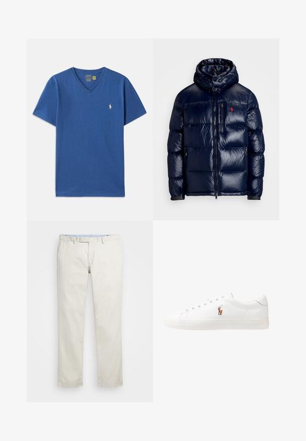 Námorně modrá péřová bunda s lesklým povrchem, s kapucí, zipovým zapínáním a malým logem na levé hrudi. Texturovaný prošívaný design.; Modrý bavlněný tričko s krátkým rukávem a výstřihem do V, s malým bílým vyšitým logem na levé hrudi. Hladká textura, ležérní design.; Béžové bavlněné chinos kalhoty s plochým předním dílem, poutky na opasek a bočními kapsami. Rovný střih s hladkou texturou a lehkým, prodyšným pocitem.; Bílé kožené tenisky, nízký střih, s hladkým povrchem, kulatou špičkou, šněrováním v přední části a malým vyšitým logem na boku.