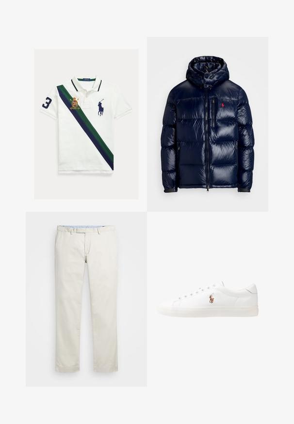 Casaco puffer azul-marinho com um acabamento brilhante, apresentando um capuz, fecho frontal com zíper e um pequeno logotipo no lado esquerdo do peito. Design acolchoado texturizado.; Camisola polo branca com uma faixa diagonal verde e azul marinho. Apresenta um grande número "3" bordado, um brasão e um logótipo de cavaleiro em azul marinho.; Chinos de algodão bege com frente plana, passantes para cinto e bolsos laterais. Design de perna reta com uma textura suave e uma sensação leve e respirável.; Sapatilhas de couro brancas, design de cano baixo, com textura suave, biqueira redonda, atacadores à frente e um pequeno logótipo bordado na lateral.