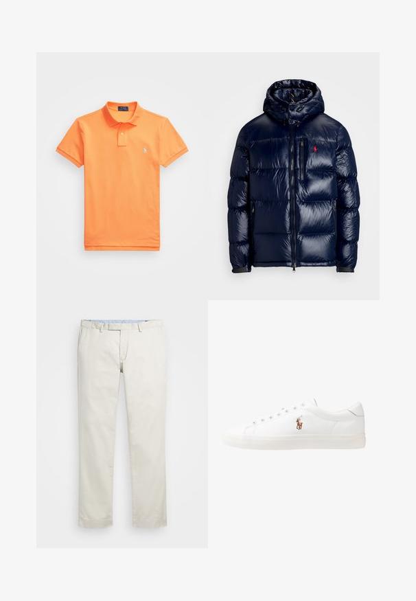 Námornícka modrá prešívaná bunda s lesklým povrchom, s kapucňou, zipsom vpredu a malým logom na ľavej hrudi. Textúrovaný prešívaný dizajn.; Oranžová polo košeľa vyrobená z bavlny s okrúhlym výstrihom, krátkymi rukávmi a malým modrým logom na ľavej hrudi. Hladká textura, klasický strih.; Béžové bavlnené chinos nohavice s plochým predným dielom, pútka na opasok a bočnými vreckami. Rovný strih s hladkou textúrou a ľahkým, priedušným pocitom.; Biele kožené tenisky s nízkym strihom, s hladkou textúrou, okrúlym špičkou, šnurovaním vpredu a malým vyšitým logom na boku.