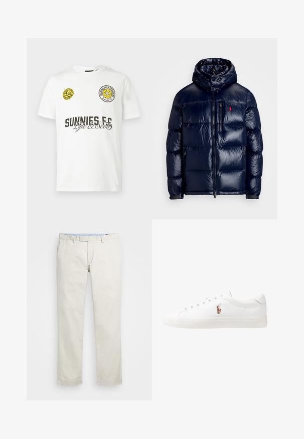 Temno modra puhovka s sijočo površino, opremljena s kapuco, z zadrgo spredaj in majhnim logotipom na levem prsnem delu. Ima strukturirano prešito zasnovo.; Bela bombažna majica s kratkimi rokavi. Ima dva okrogla obliža, en rumen in en črn, ter črno besedilo "SUNNIES FC" in "Lyle & Scott."; Bežna bombažna chinosa z ravnim sprednjim delom, zankami za pas in stranskimi žepi. Dizajn z ravnimi nogavicami z gladko teksturo in lahkotnim, zračnim občutkom.; Bela usnjena teniski čevlji, nizki model, z gladko teksturo, okrogle konice, vezavi spredaj ter majhnim vezenim logotipom na strani.