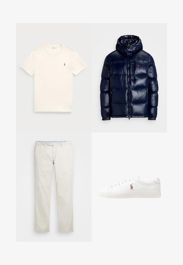 Navy blue puffer jacket with a shiny finish, featuring a hood, zippered front, and a small logo on the left chest. Textured quilted design.; Cream-colored cotton t-shirt with a crew neck and short sleeves. Features a small blue embroidered logo on the left chest.; Beige cotton chinos with a flat front, belt loops, and side pockets. Straight-leg design with a smooth texture and a light, breathable feel.; White leather sneakers, low-top design, featuring a smooth texture, round toe, laced front, and a small embroidered logo on the side.