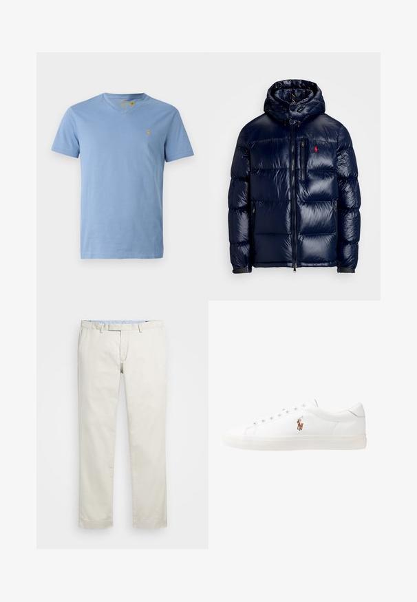 Tamsiai mėlynas pūkinis švarkas su blizgiu paviršiumi, turintis gobtuvą, užtrauktuką priekyje ir mažą logotipą ant kairės krūtinės. Raštuota siuvinėta konstrukcija.; Šviesiai mėlynas medvilninis marškinėliai su V formos iškirpte, trumpomis rankovėmis ir mažu siuvinėtų logotipu kairiajame krūtinės srityje. Lygi tekstūra, laisvas siluetas.; Šviesiai rudi medvilniniai chinos tipo kelnės su plokščiu priekiniu dizainu, diržo kilpomis ir šoninėmis kišenėmis. Tiesaus kirpimo dizainas su lygiu paviršiumi ir lengvu, kvėpuojančiu jausmu.; Baltos odinės sportbačiai, žemo profilio, su lygia tekstūra, apvalia nosimi, raištelių sistema priekyje ir mažyte siuvinėta logo šone.