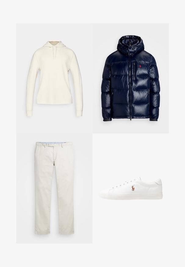 Casaco puffer azul-marinho com um acabamento brilhante, apresentando um capuz, fecho frontal com zíper e um pequeno logotipo no lado esquerdo do peito. Design acolchoado texturizado.; Sweatshirt branco com capucho, apresentando mangas longas, punhos de malha, um bolso tipo canguru e cordões no pescoço, feito de um tecido suave e texturizado.; Chinos de algodão bege com frente plana, passantes para cinto e bolsos laterais. Design de perna reta com uma textura suave e uma sensação leve e respirável.; Sapatilhas de couro brancas, design de cano baixo, com textura suave, biqueira redonda, atacadores à frente e um pequeno logótipo bordado na lateral.